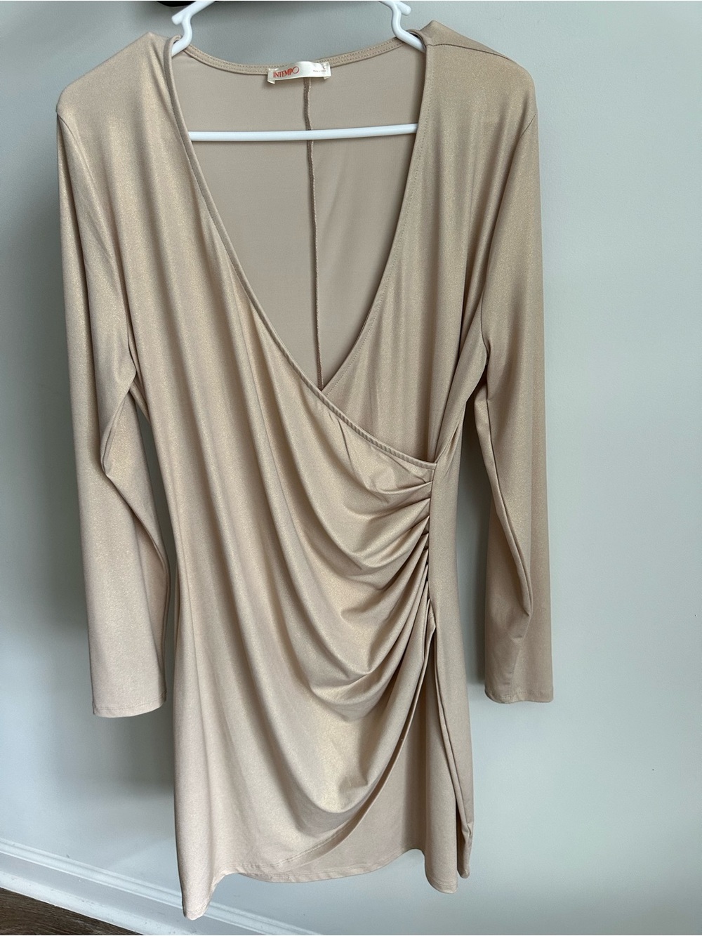 Intempo Women’s Large Beige Tan‎ Long Sleeve Ruched Wrap Bodycon Mini Dress